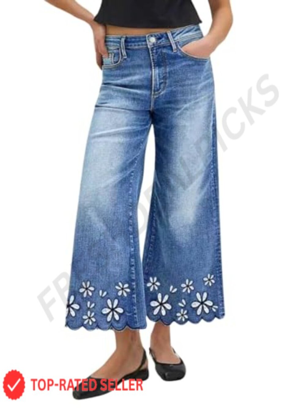 Women's Boho Floral Embroidery Wide Leg Jeans High Waisted Cropped Denim Pants